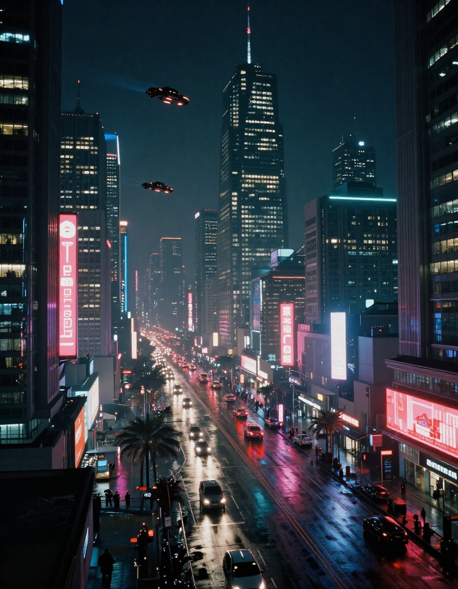 Futuristic city street at night with neon signs, wet pavement, tall buildings, and flying cars in cyberpunk style