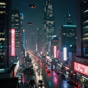 Futuristic city street at night with neon signs, wet pavement, tall buildings, and flying cars in cyberpunk style