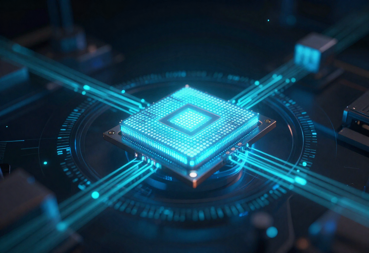 Glowing blue computer processor chip with circuit pathways and futuristic holographic interface elements