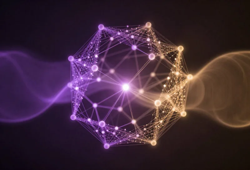 Abstract 3D network with glowing purple and gold interconnected nodes and flowing light effects on dark background