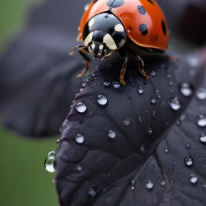 Red and black spotted ladybug sitting on dark leaf with water droplets in macro photography
