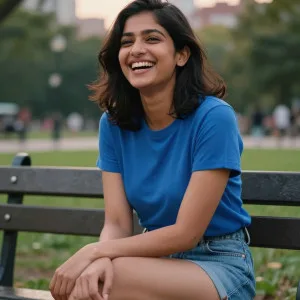 Smiling young woman in blue shirt sitting on park bench with city buildings in blurred background