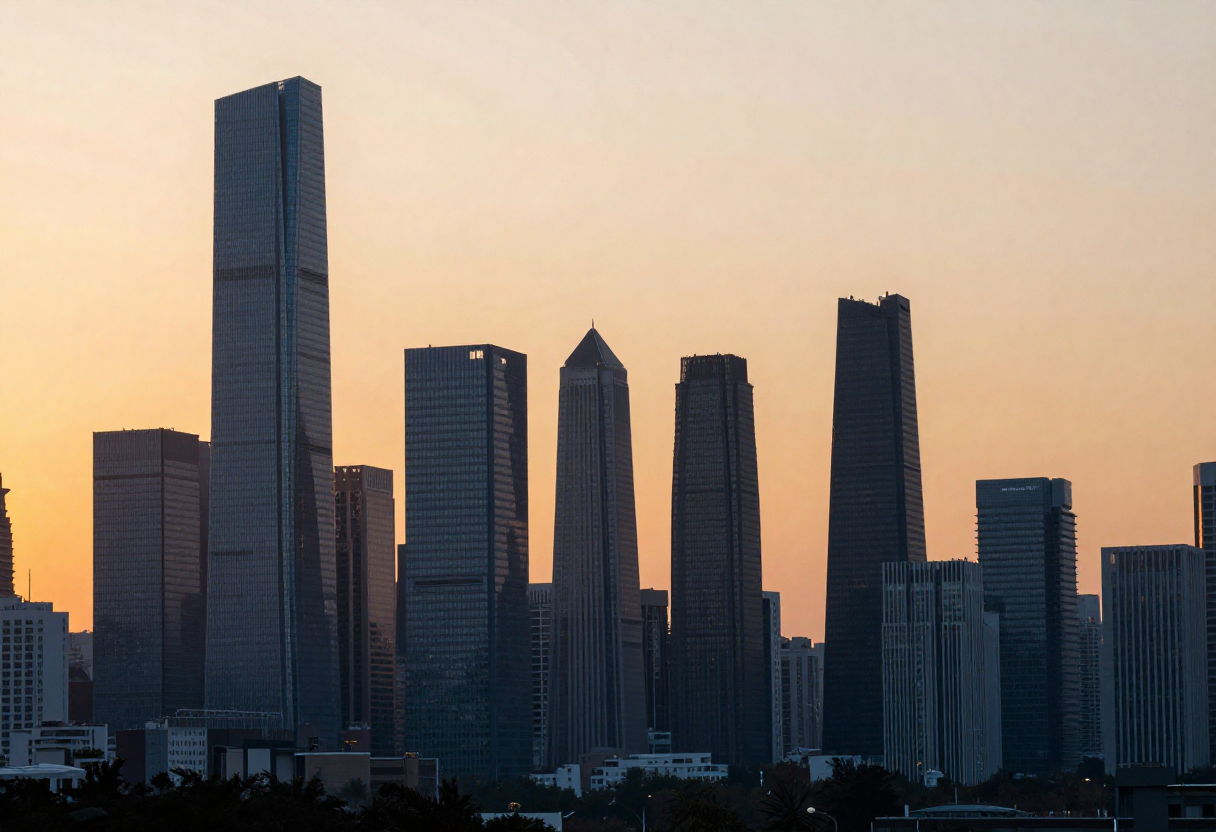 City skyline with tall skyscrapers silhouetted against orange and peach sunset sky during golden hour