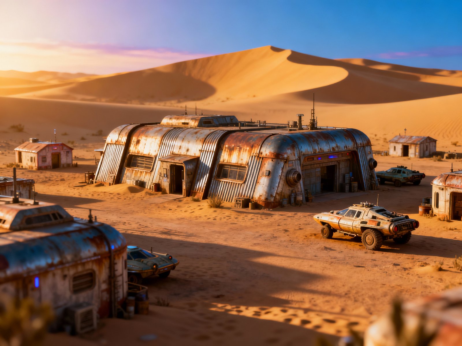 Futuristic desert outpost with rusted metal buildings and vehicles among sand dunes at sunset