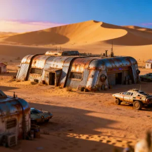 Futuristic desert outpost with rusted metal buildings and vehicles among sand dunes at sunset