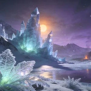 Large glowing blue crystals jutting from snowy mountain landscape with purple starry sky and frozen plants